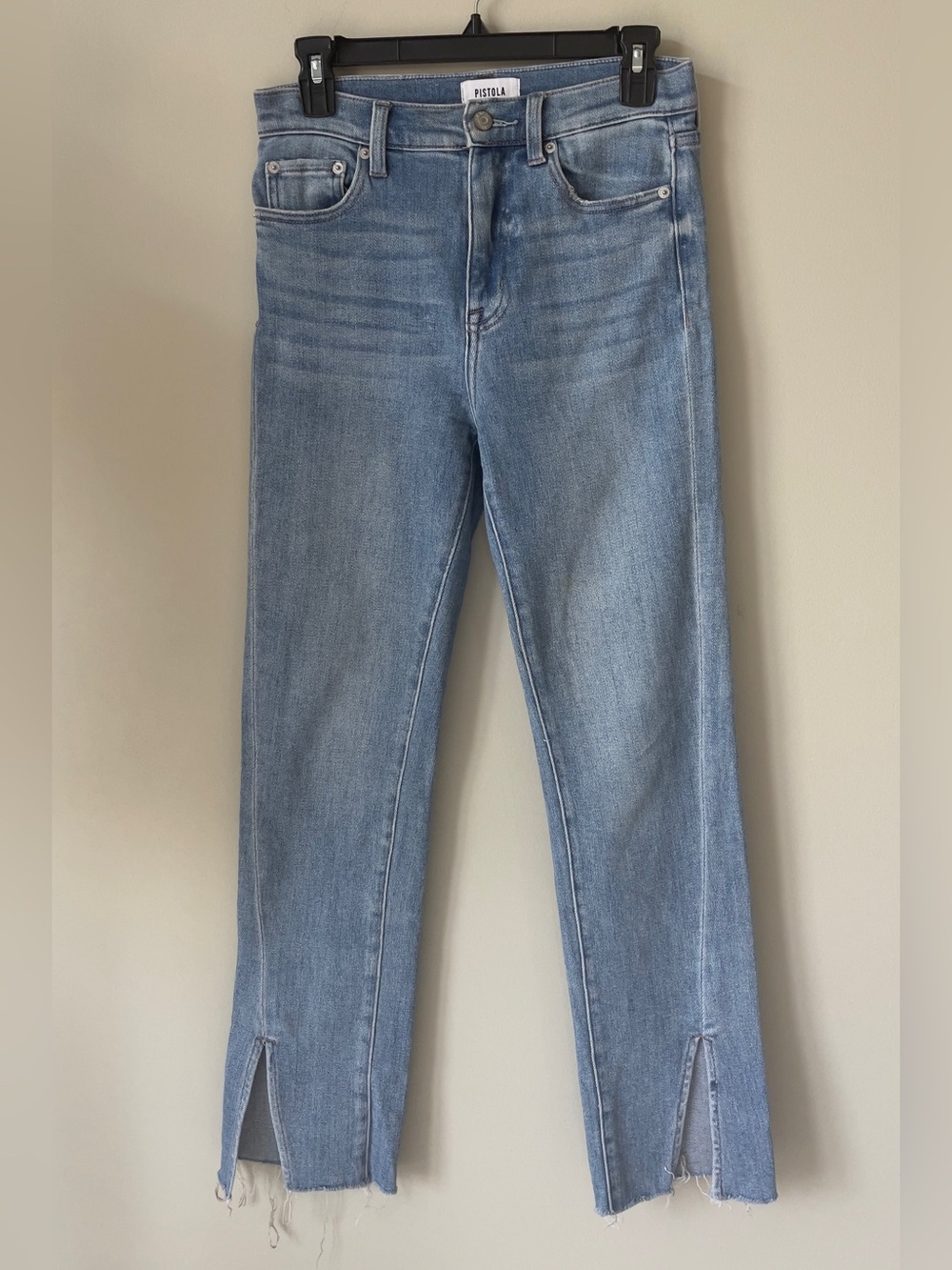 Pistola Teagan High Rise Straight Jeans with front-slit hem & a raw frayed edge